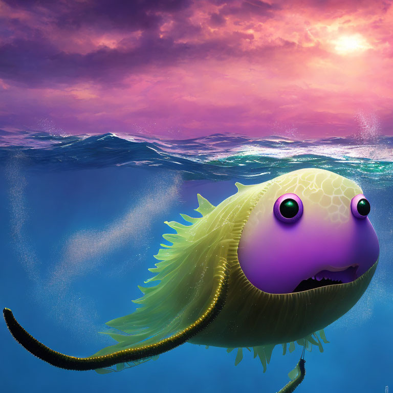 Colorful Illustration: Yellow Fish with Purple Lips in Vibrant Ocean