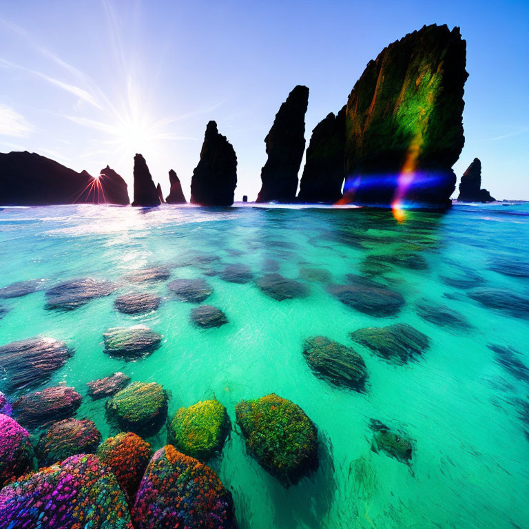 Colorful Coastal Landscape with Tide Pools, Sea Stacks, and Sunburst