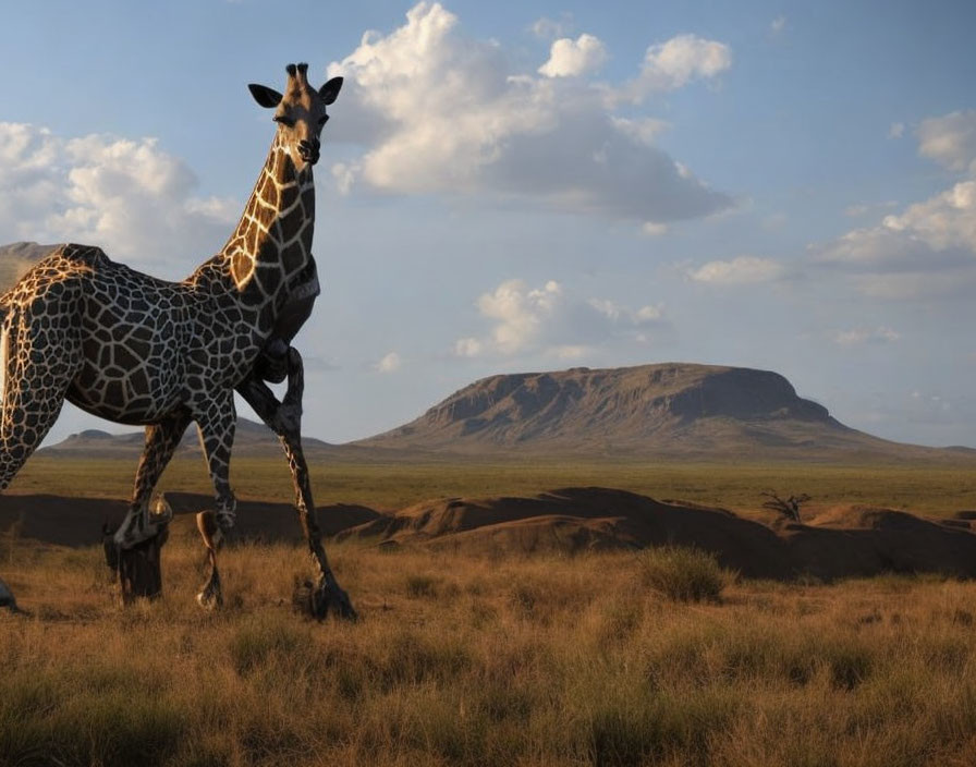 Giraffe in savannah with rolling hills and cloudy sky