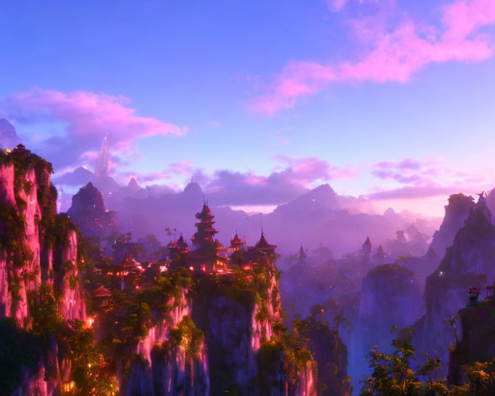 Vibrant pink and purple sunset landscape with Asian-style pagodas, cliffs, and waterfalls