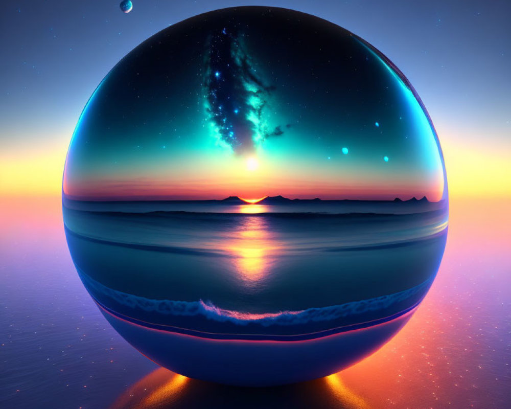 Surreal crystal ball with beach sunset, starry sky, and distant planet