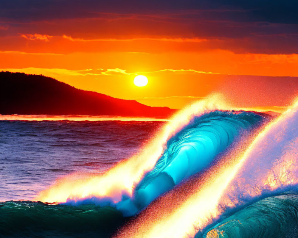 Vibrant sunset over sea with deep oranges and reds, highlighting large curling wave.