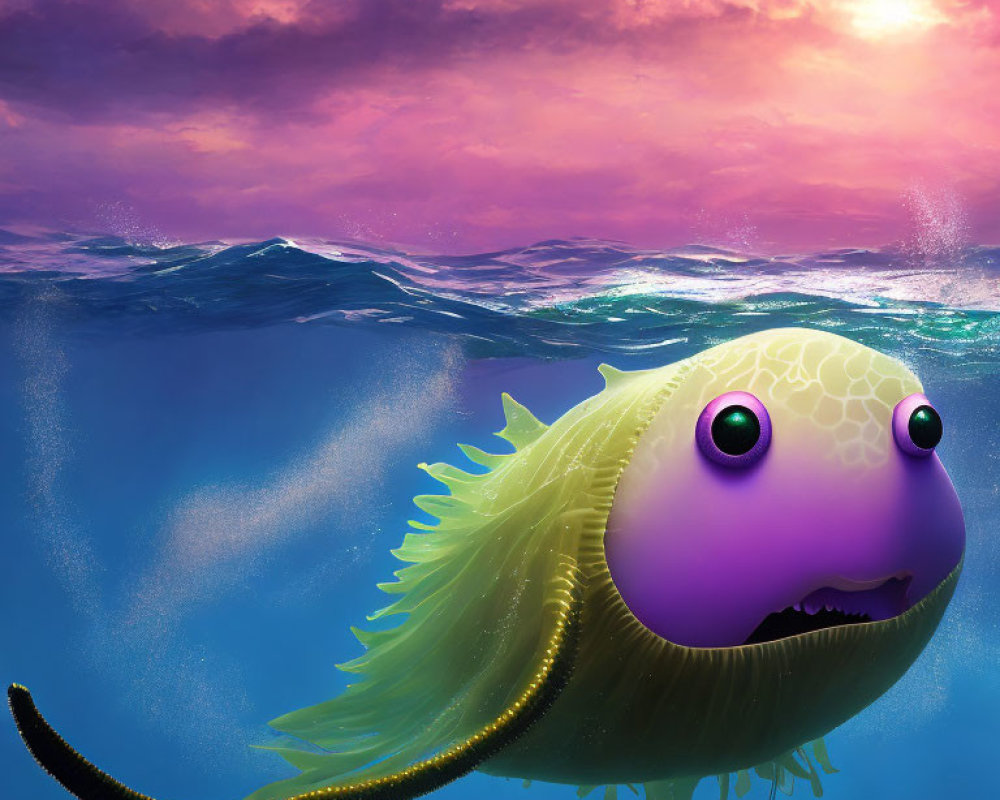 Colorful Illustration: Yellow Fish with Purple Lips in Vibrant Ocean