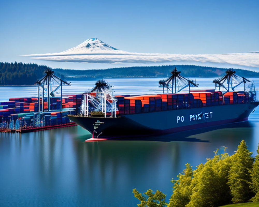 Cargo ship at port with container cranes and mountain backdrop.