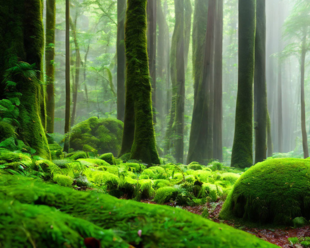 Moss-covered forest with misty tall trees