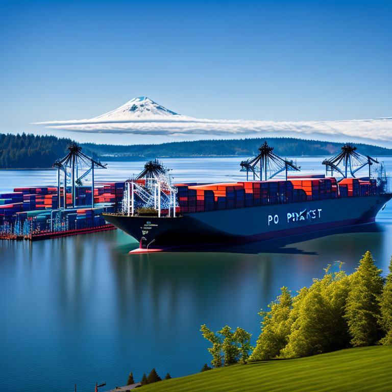 Cargo ship at port with container cranes and mountain backdrop.