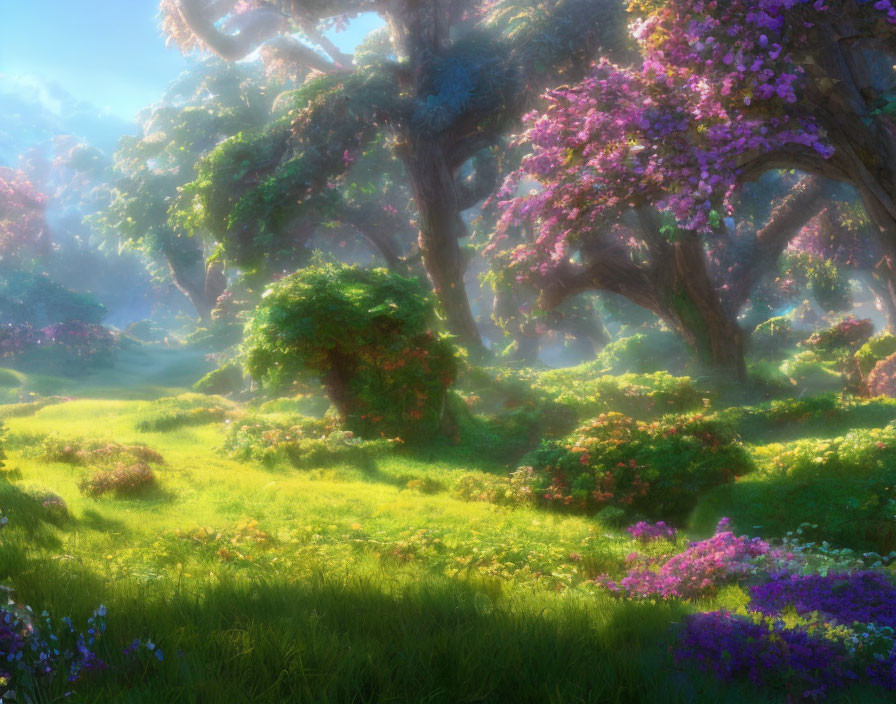 Tranquil Forest Glade with Sunlight and Blooming Flowers