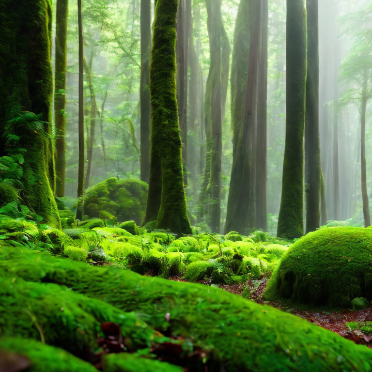 Moss-covered forest with misty tall trees