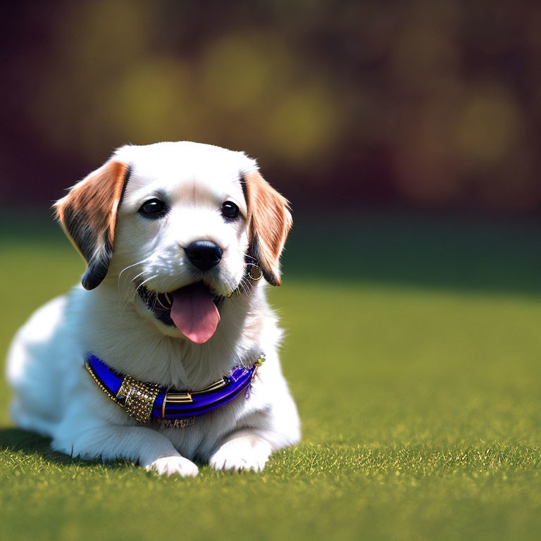 Cheerful puppy with shiny collar on green grass