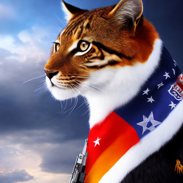 Digital artwork: Tiger head on human body in military uniform under dramatic sky