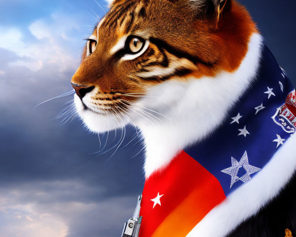 Digital artwork: Tiger head on human body in military uniform under dramatic sky