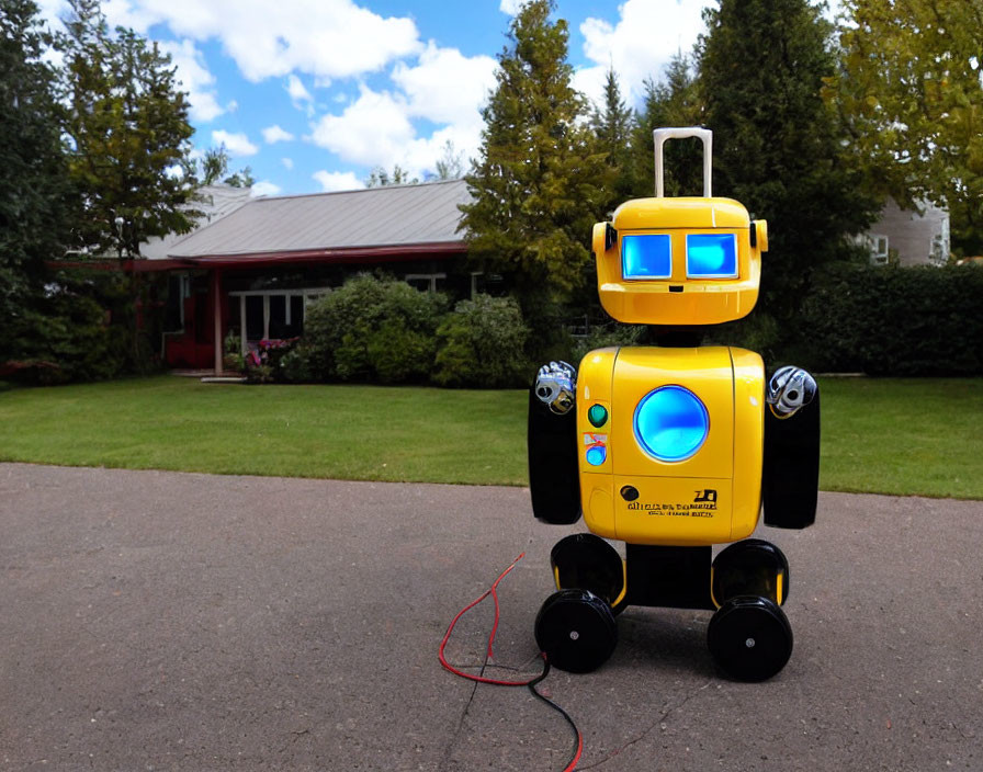 Colorful Toy Robot Outdoors on Path with Grass and House