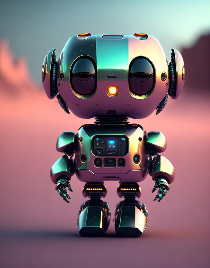 Futuristic cute robot with glowing eyes on pink backdrop