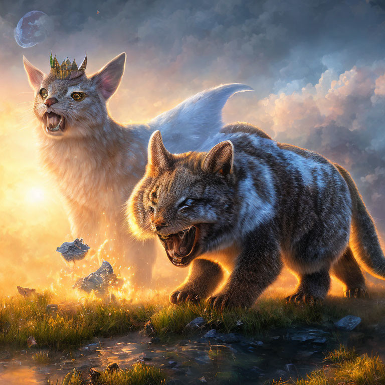 Majestic fantasy feline creatures with crowns and glowing eyes in mystical landscape