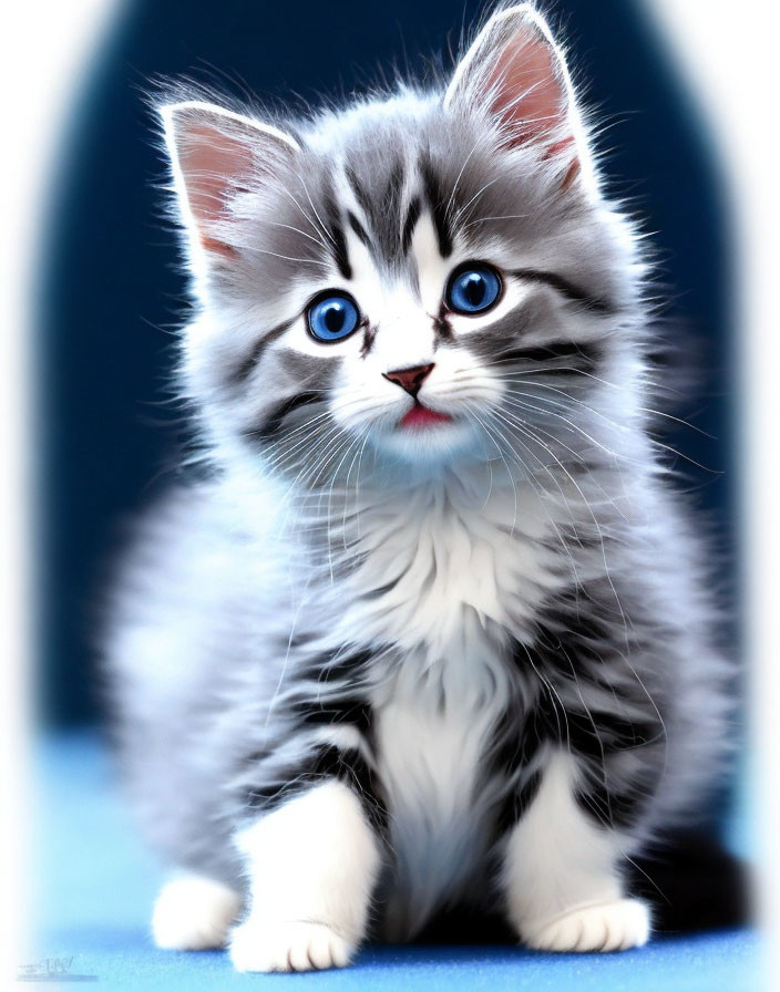 Fluffy Grey and White Kitten with Blue Eyes on Blue Background