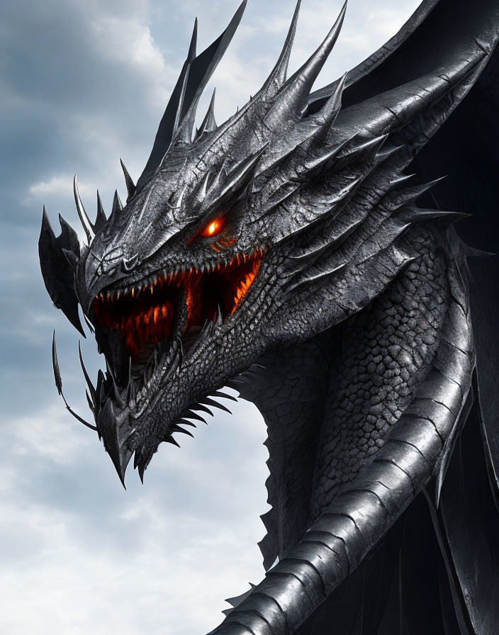 Digital artwork: Black dragon with glowing red eyes, sharp horns, and stormy sky.