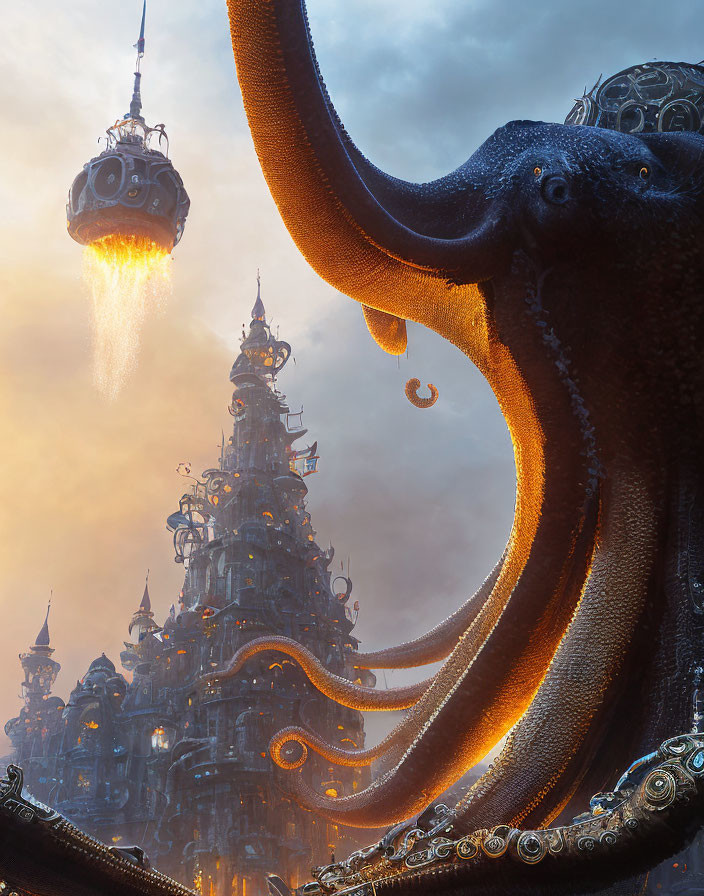 Steampunk scene: giant octopus, airships, amber sky