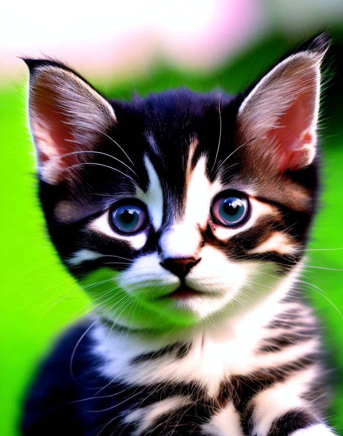 Black and white kitten with blue eyes on green background