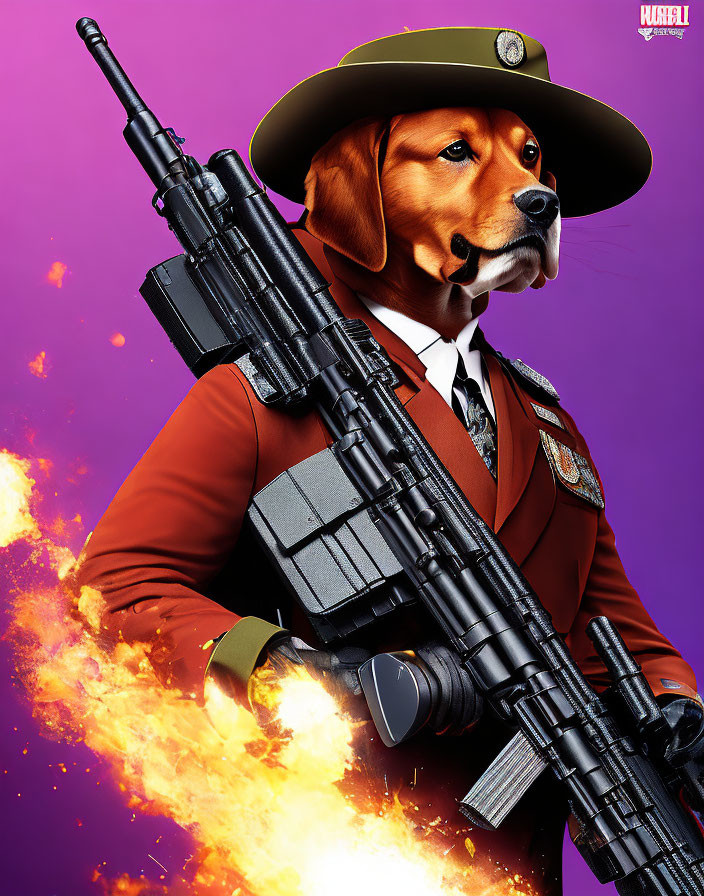 Digital artwork: Dog in police uniform with rifle on fiery purple background