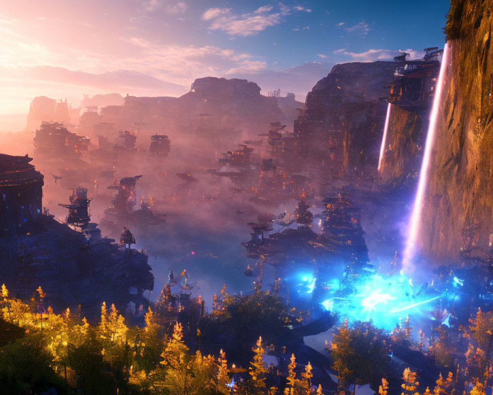 Majestic landscape with waterfalls, blue lights, and rock formations at dawn