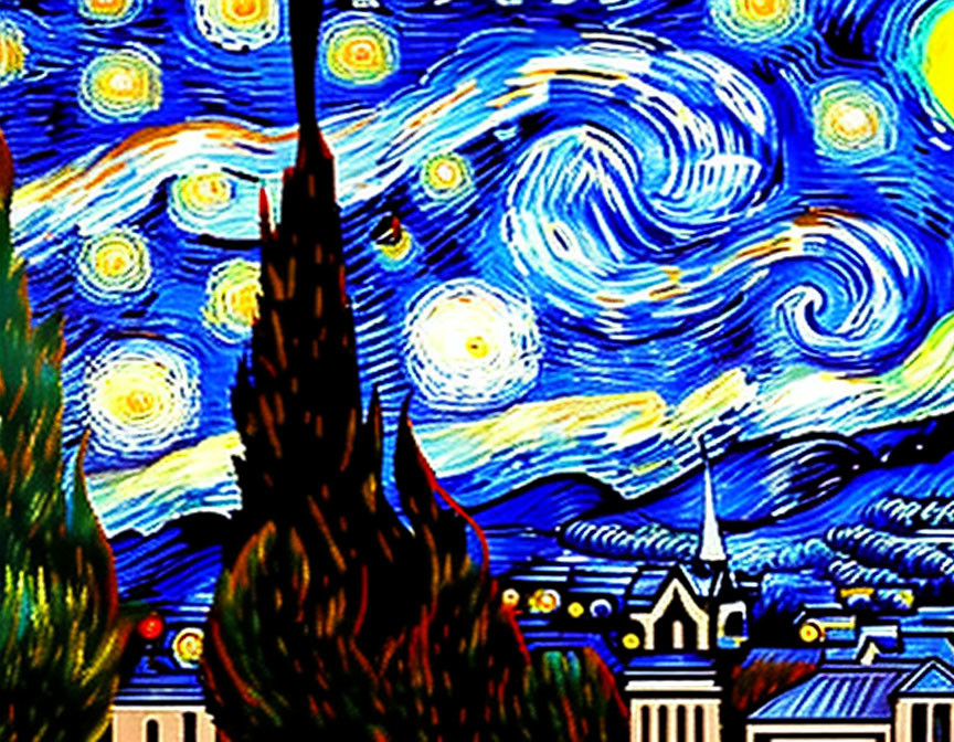 Night Sky Painting: Small Town with Cypress Trees and Buildings