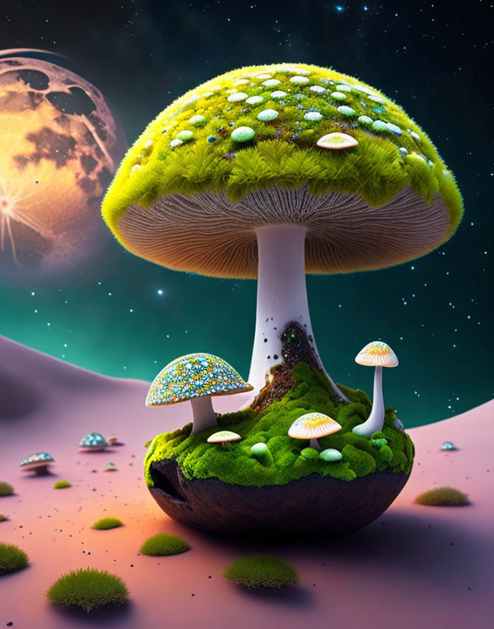 Colorful digital artwork: oversized mushrooms, tiny houses, and space backdrop.