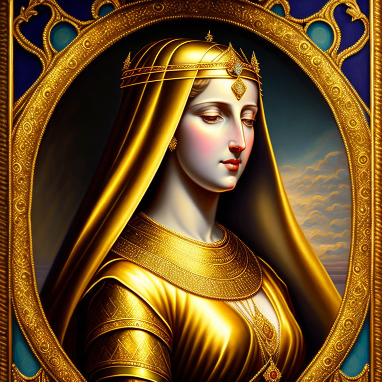 Regal woman with golden crown and ornate border on cloud backdrop.