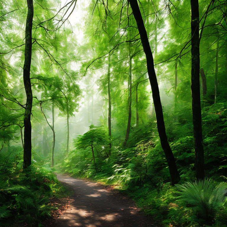 Serene Forest Path with Sunlit Greenery