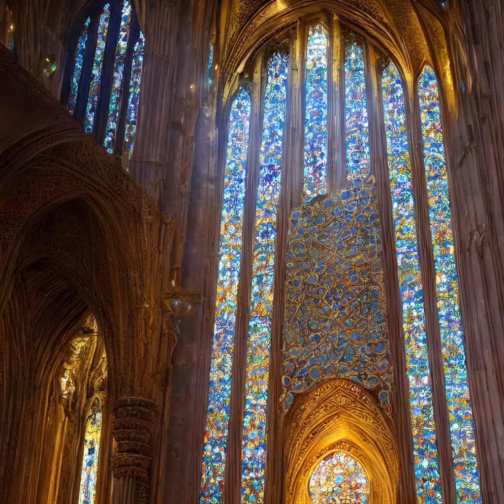 Vibrant Gothic stained glass windows in cathedral interior