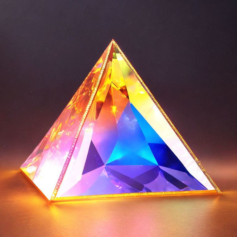Crystal pyramid glowing with warm and cool lights on dark amber backdrop