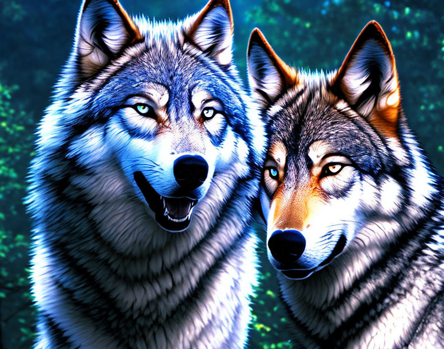 Vivid blue-eyed wolves in digital illustration against dark background