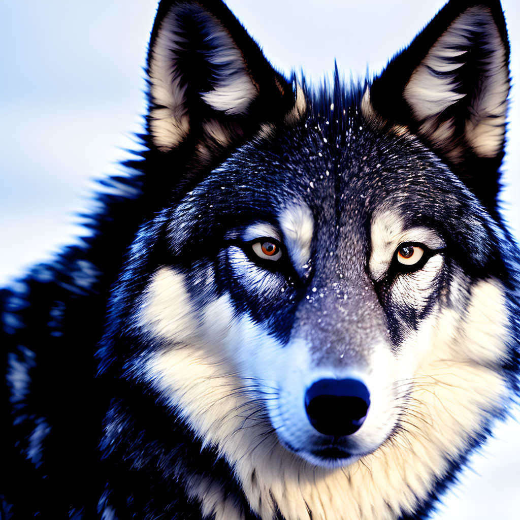 Close-up of Husky with piercing eyes and black & white fur on blue background