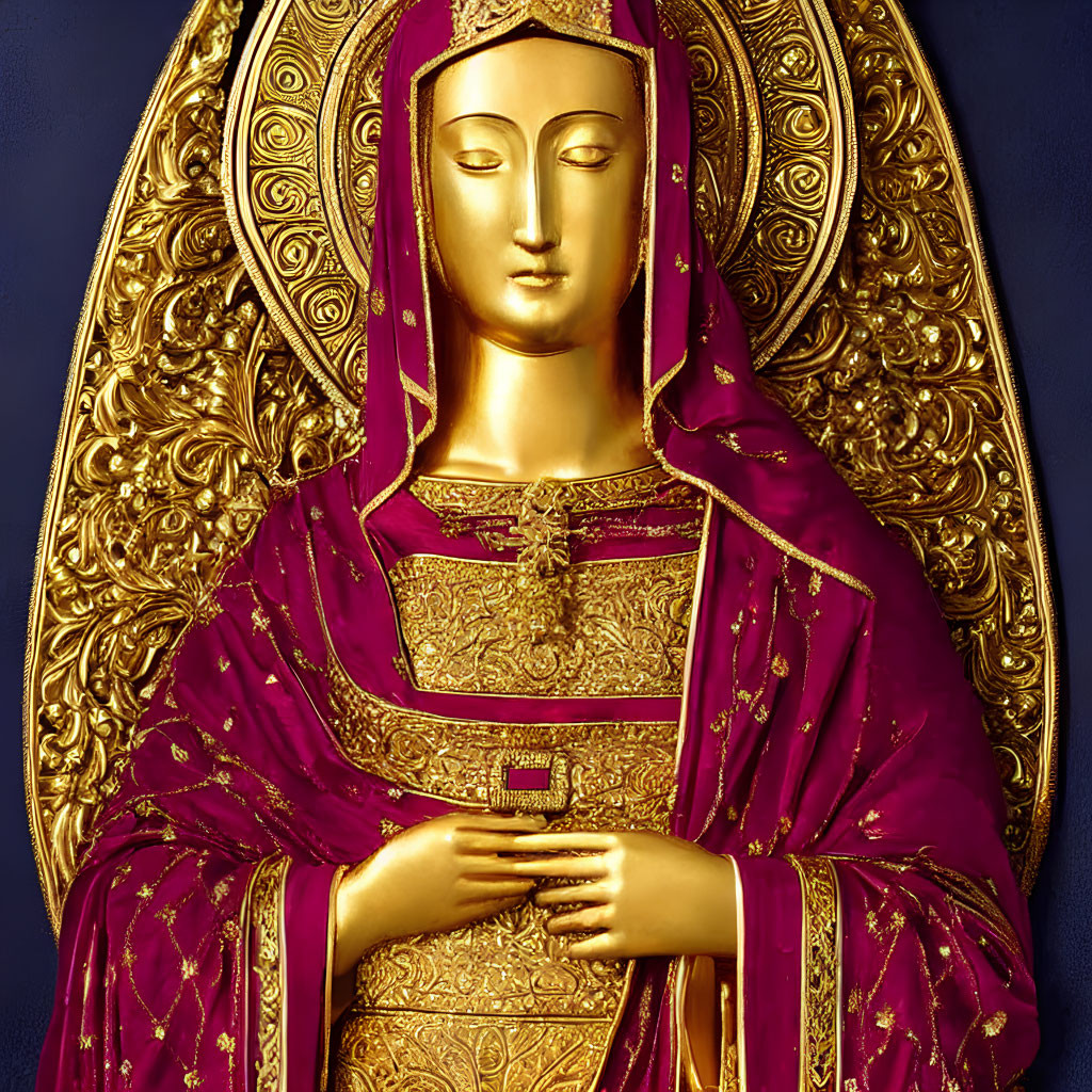 Golden Madonna Sculpture in Red Cloak on Blue Background