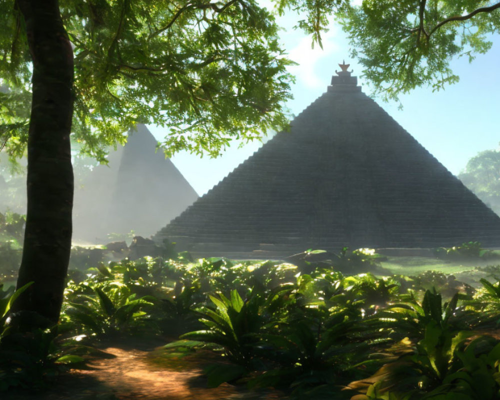 Sunlit forest with Mayan-like pyramids in lush greenery