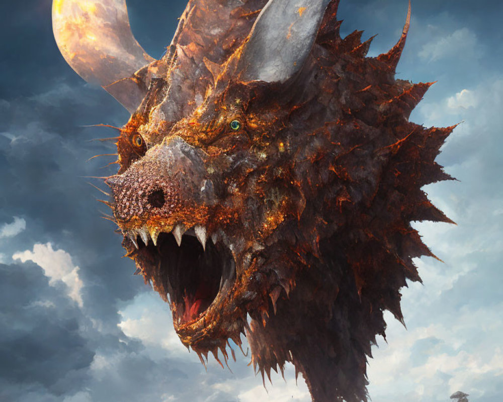 Dragon with Green Eyes and Spiky Scales Roaring under Dramatic Sky