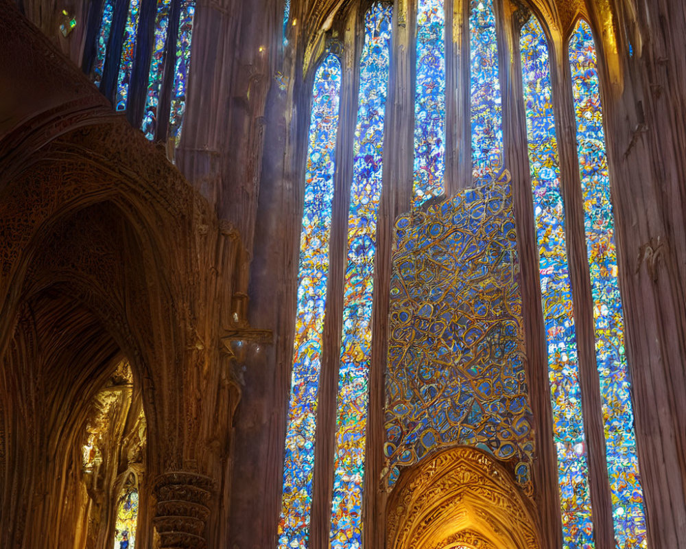 Vibrant Gothic stained glass windows in cathedral interior