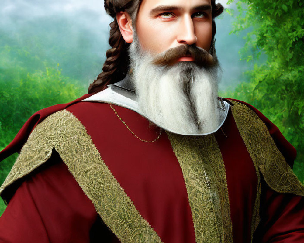 Bearded man in red and gold historical outfit in misty forest