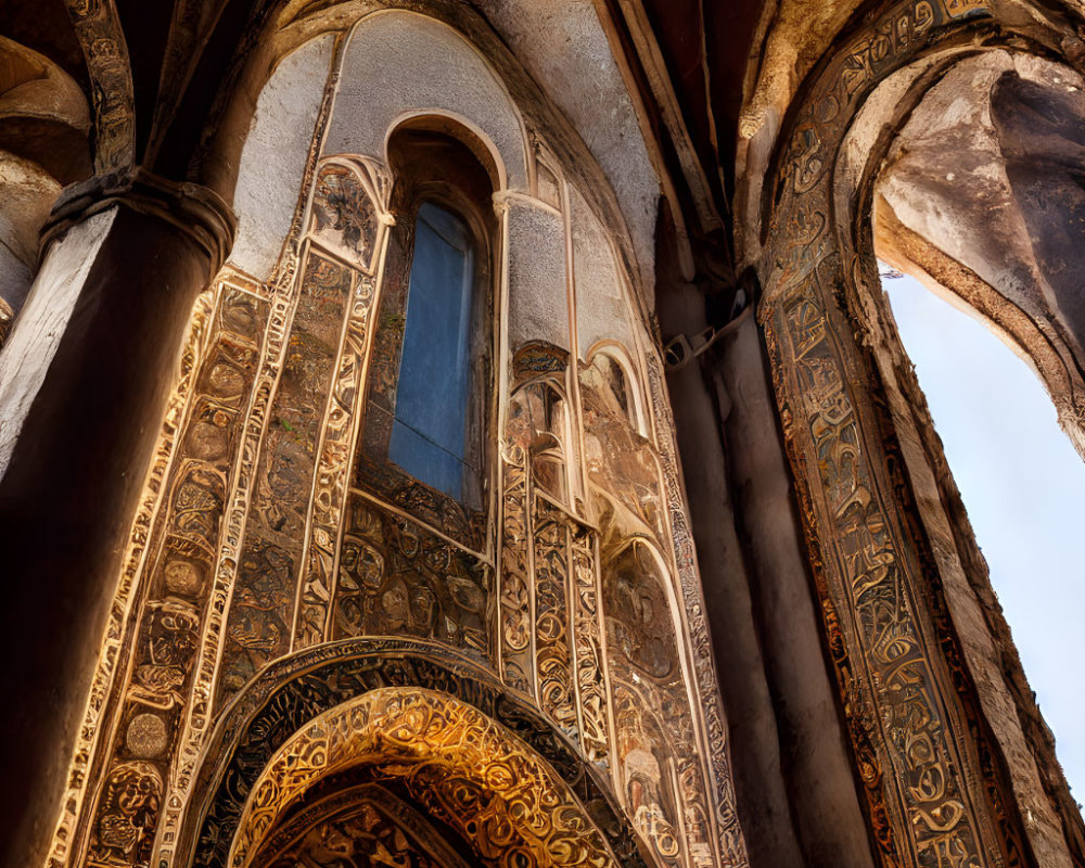 Ancient building with elaborate frescoes and gold patterns