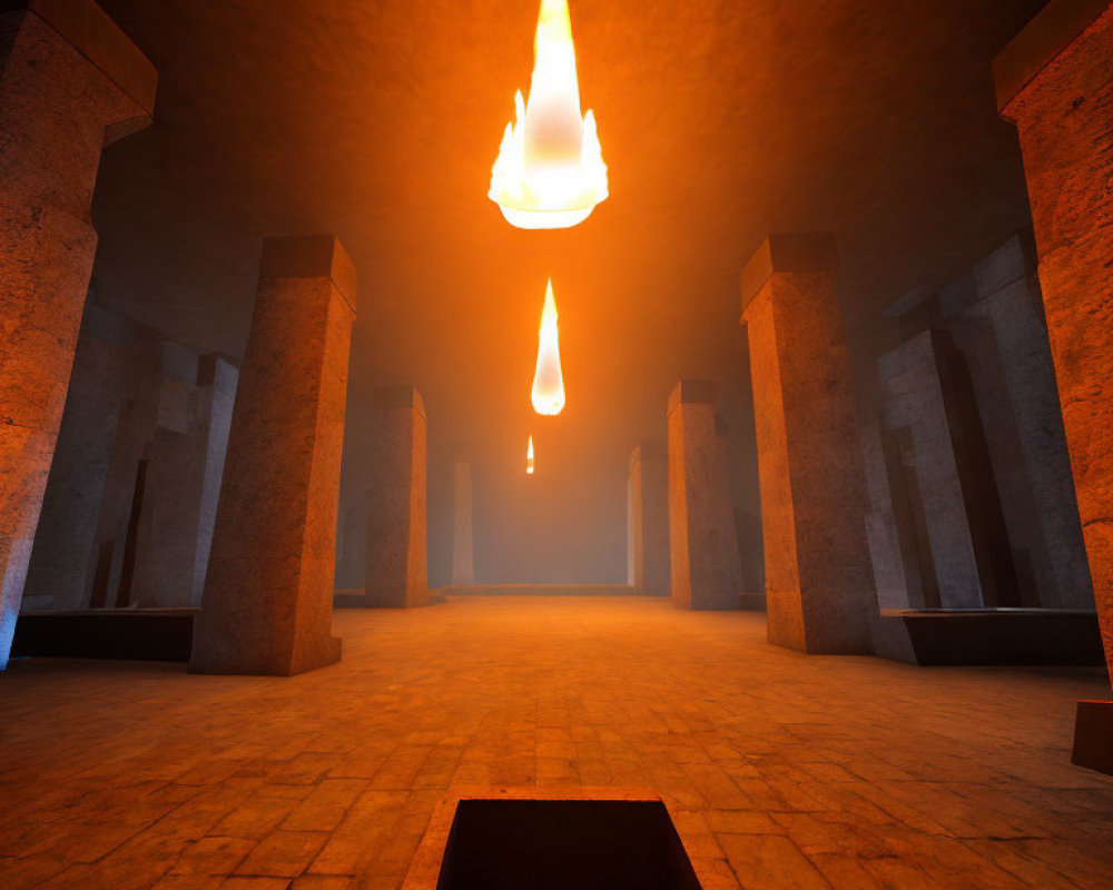 Subterranean room with stone pillars and floating flame.