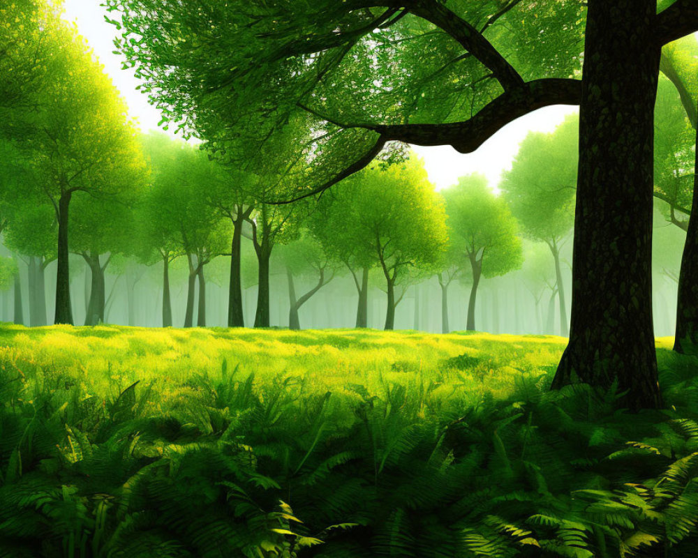 Sunlit Green Forest with Ferns and Grass Under Canopy