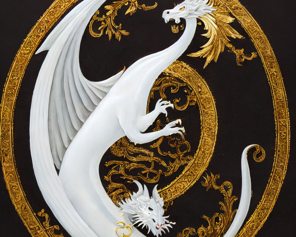 White Dragon with Gold Accents in Circular Gold Frame on Black Background