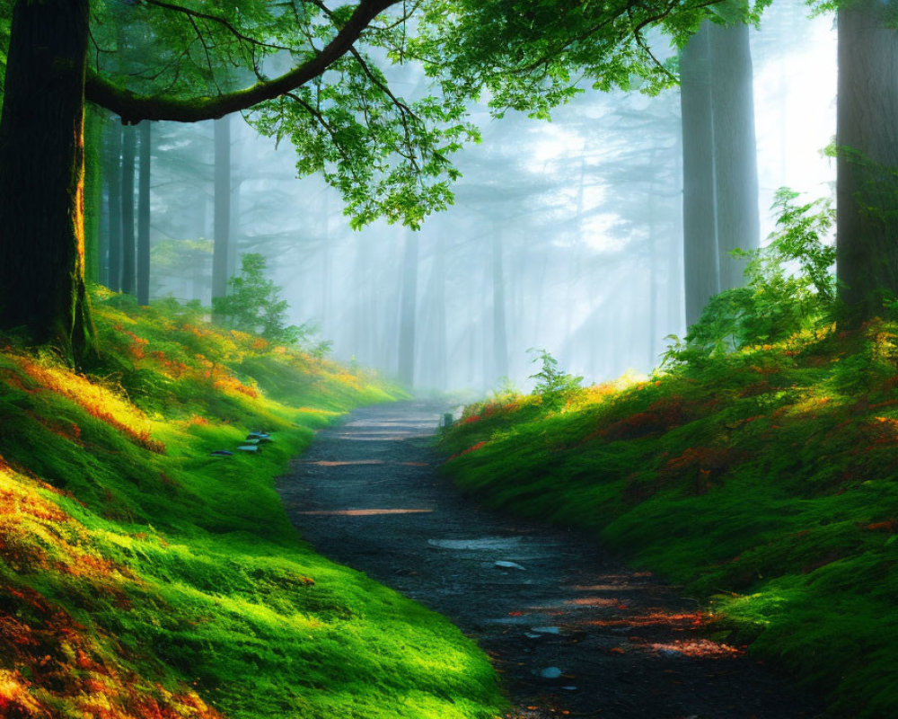 Tranquil forest path with sunlight, mist, tall trees, green moss.