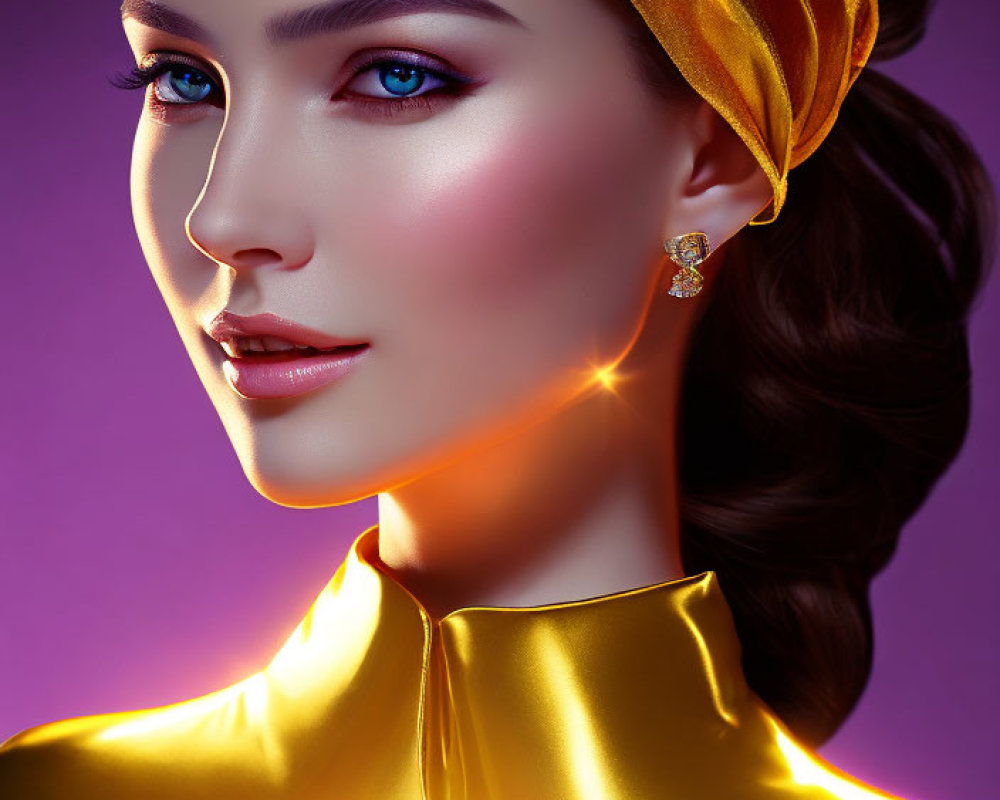 Woman portrait with golden headscarf and blouse on purple background.