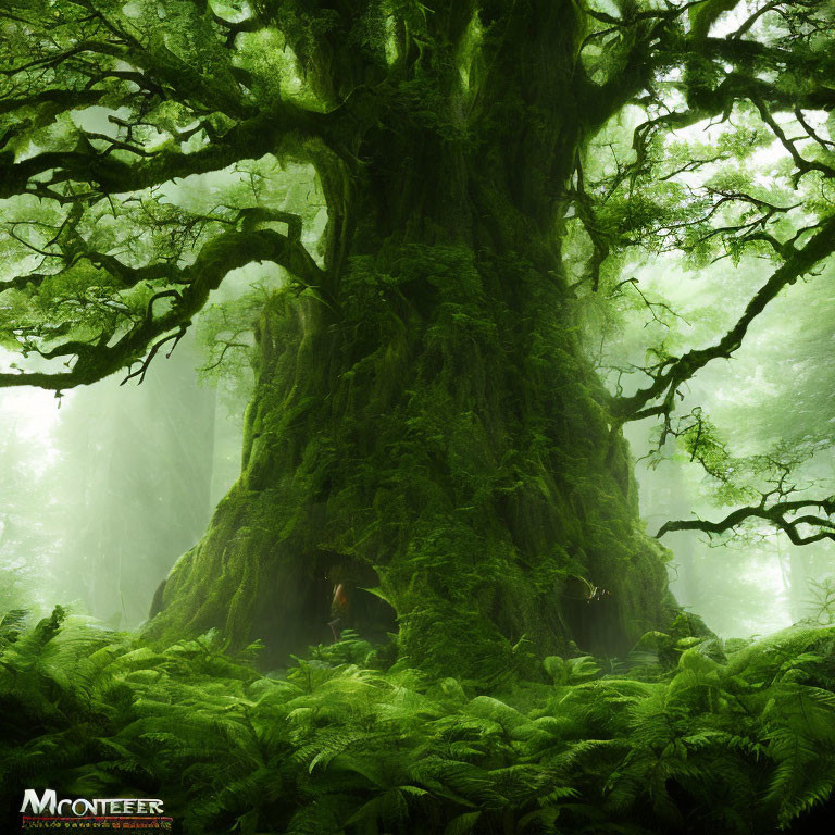 Ancient tree covered in green moss in misty forest with ferns