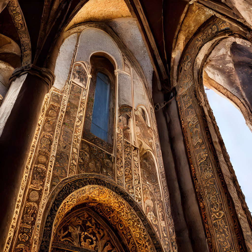 Ancient building with elaborate frescoes and gold patterns