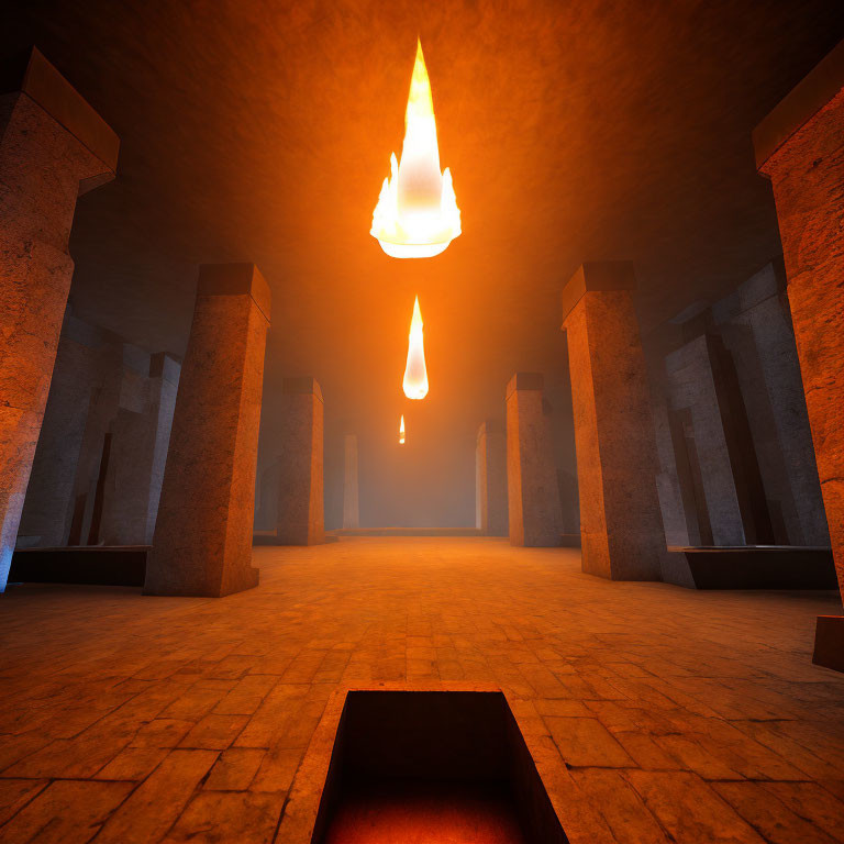 Subterranean room with stone pillars and floating flame.