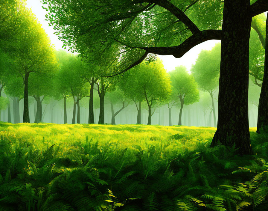 Sunlit Green Forest with Ferns and Grass Under Canopy