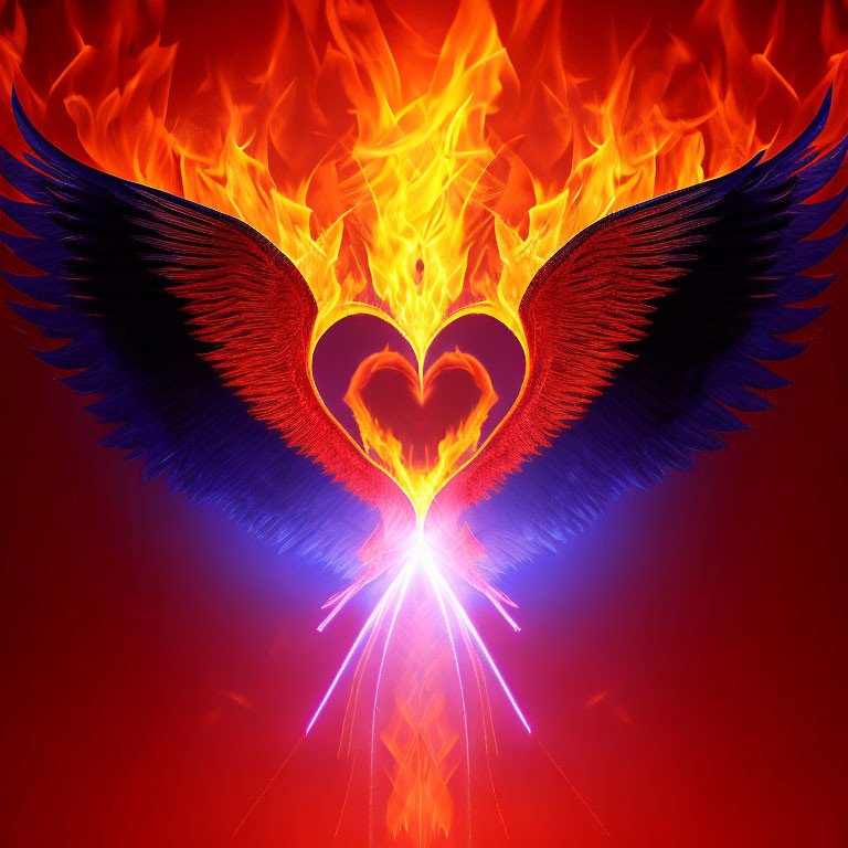 Digital Artwork: Heart with Wings in Flames on Vibrant Red Background