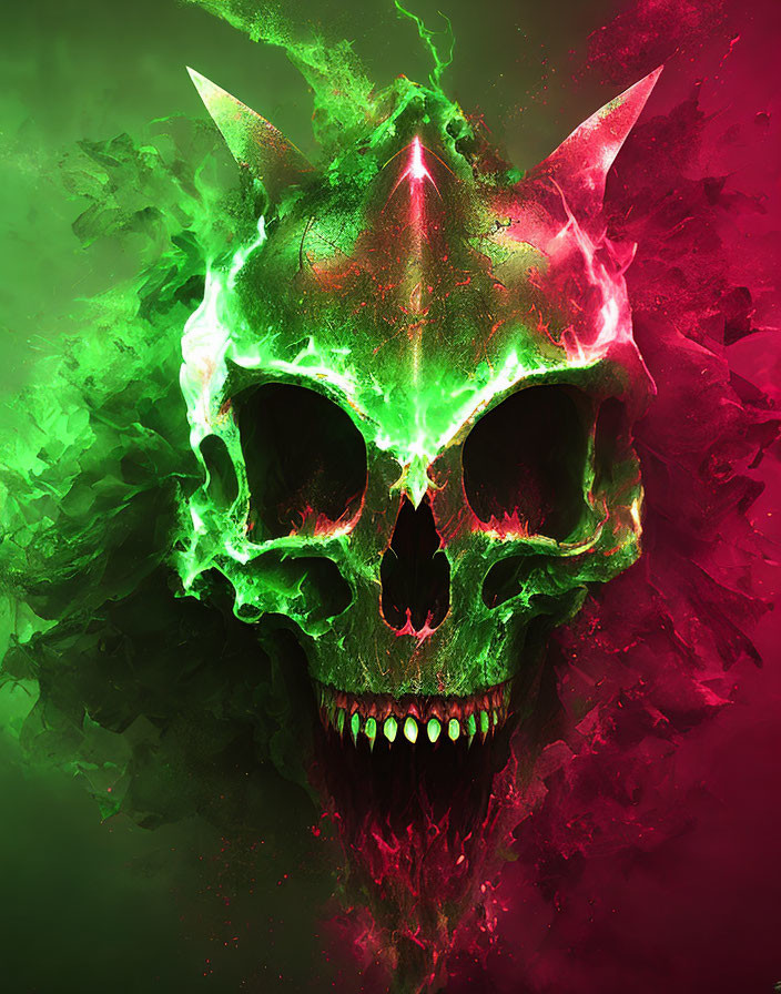 Neon green skull with horns in red and green smoky background