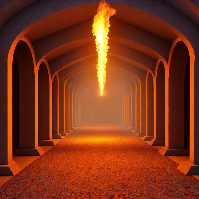 Burning fireball descends in arched tunnel with orange glow